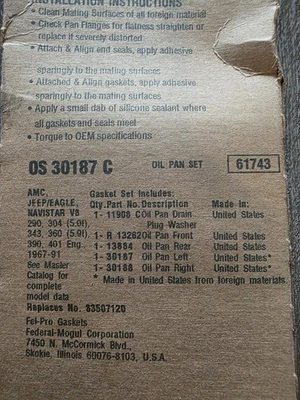 Juego de juntas de cárter de aceite Jeep/Eagle/AMC motores 290,304,343,360,390,401 1967-1991 Foto 1 de 2