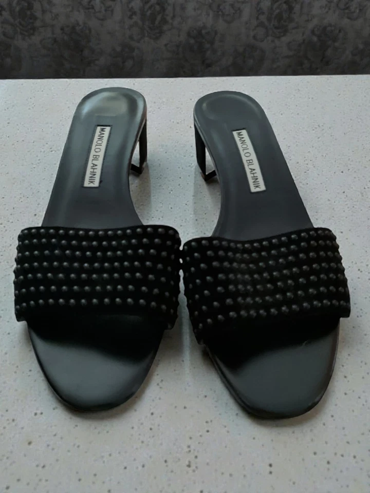 Women's Manolo Blahnik Falcopearl Black Suede 1.5 inch Block Heel Slide 38.5/8M - Image 1 of 4