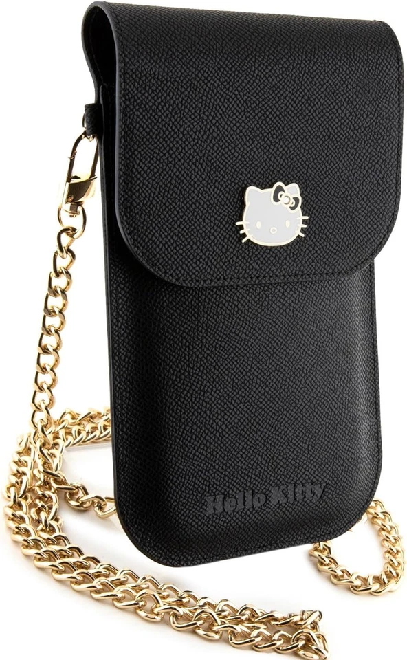 Hello Kitty Leather Metal Logo Chain Universal Phone Bag Pouch Black - Image 1 of 4