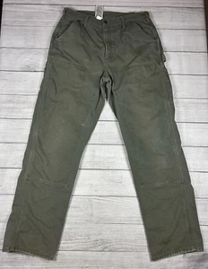 Carhartt Double Knee Pants Mens 34x34 (34x33 Actual) Green Canvas B136 MOS - Picture 1 of 18