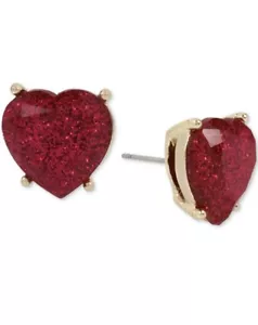 $25 Betsey Johnson NOT YOUR BABE Gold Tone Pink Glitter Heart Studs m100 - Picture 1 of 5
