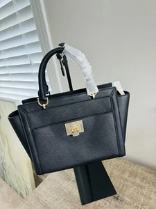 NWT Michael Kors MK Tina Leather Satchel Large Top Handle Handbag Black Gold - Picture 1 of 9