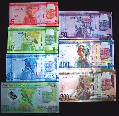 7 Gambia Banknotes: 5,10,20,20,50,100,200 Dalasis (2014/15 issue) UNC currency - Image 1 of 2