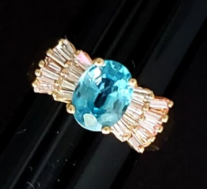 OVAL BLUE ZIRCON and BAGUETTE DIAMONDS RING 2.12 ctw, 14k Yellow Gold, Size 4.75 - Picture 1 of 12