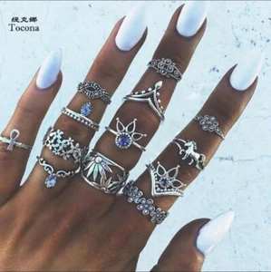Women's Fashion Jewelry Vintage Bohemian 13 Ring Set Antique Silver Color 85-2 - Picture 1 of 6