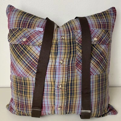 Carhartt Throw Pillow Plaid Button Up with Suspenders Home Decor Handmade Logo - Image 1 of 4