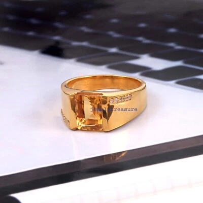Anillo de hombre enchapado en oro de plata de ley 925 con piedras preciosas de citrino natural y circonita cúbica #J7 Foto 1 de 4