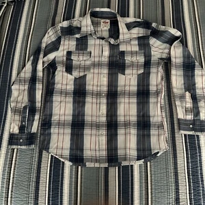 Levis Men's Large Blue Red Plaid Shirt Pearl Snap Long Sleeve Western Modern Cut - Picture 1 of 8
