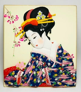 Japanese Art Board Geisha 3D Oshie Collage Technique Vtg Shikishi Paper Craft - Picture 1 of 8