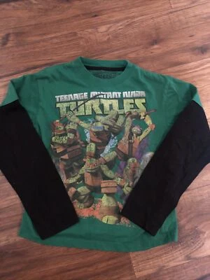 TMNT Long Sleeve Boy's Shirt 7 Green Black Two Tone Graphic - Image 1 of 4