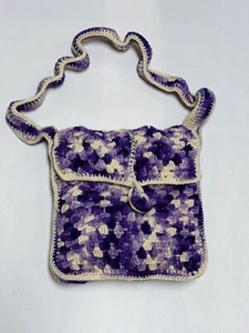 Vintage 70s Boho Cross Body Purse/Bag Afghan Crochet  Purple &White Lined - Picture 1 of 12