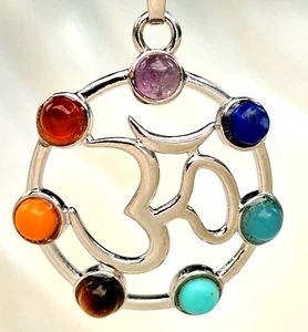 Om Pendant 7 Chakra Necklace Gemstone OM Aum 925 Silver Plated Beaded Tie Cord - Picture 1 of 24