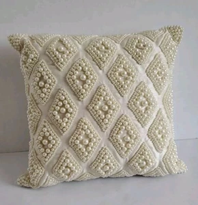 Marlo Lorenz Thro Pillow Cream Hand Beaded Zometric Pearl Boho - Picture 1 of 5