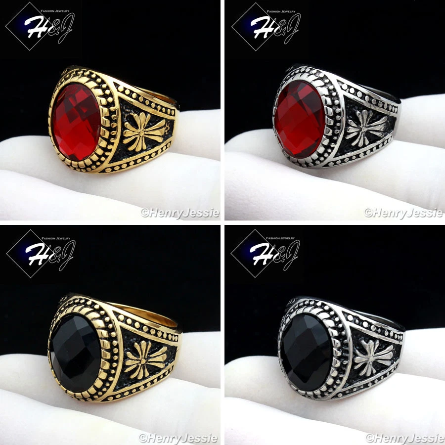 Anillo de colección HOMBRE de acero inoxidable plateado/oro ovalado ónix/rubí simulado*R88 Foto 1 de 1