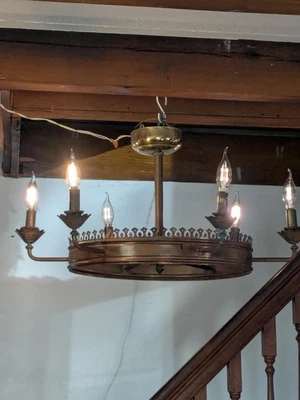 Rare Antique Primitive Copper Brass Ceiling Fixture Chandelier Light Arts Crafts - Image 1 of 4