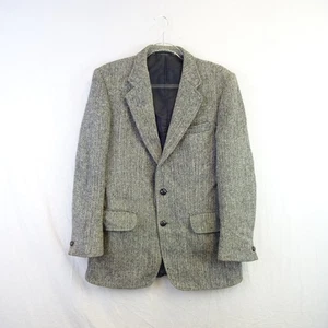Blue Quill Harris Tweed Jacket Mens 38 R Black Grey 100% Wool Herringbone Check - Picture 1 of 7
