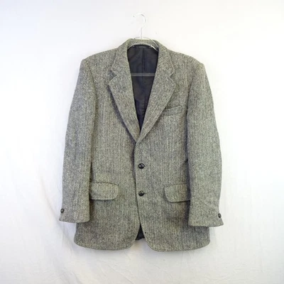 Blue Quill Harris Tweed Jacket Mens 38 R Black Grey 100% Wool Herringbone Check - Image 1 of 4