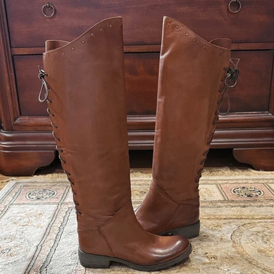 Bota de cuero coñac Sundance Glance My Way para mujer talla 5,5-6/UE 36 alta con encaje trasero Foto 1 de 4