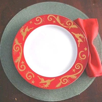 Set of RARE-MACYS/ Cellar, 5 Christmas Dinner Plates 10 ". Red & Gold Reindeer - Image 1 of 4
