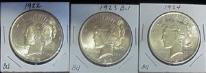 BU 1922, 1923, 1924 PEACE Silver Dollars BUnc MS. Problem free coins. 90% Silver - Picture 1 of 2