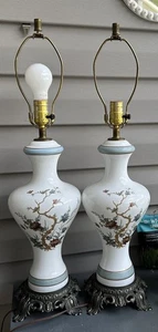 Vintage Pair Table Lamps Ceramic Oriental Lighted Base Blue Flowers  - Picture 1 of 10