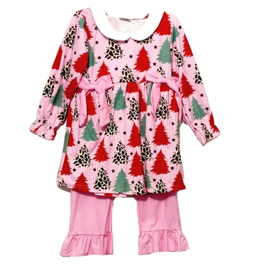 Новый девочек розовый Рождественская елка брюки комплект размер 3T банты праздник оборки длинным рукавом - Изображение 1 из 4