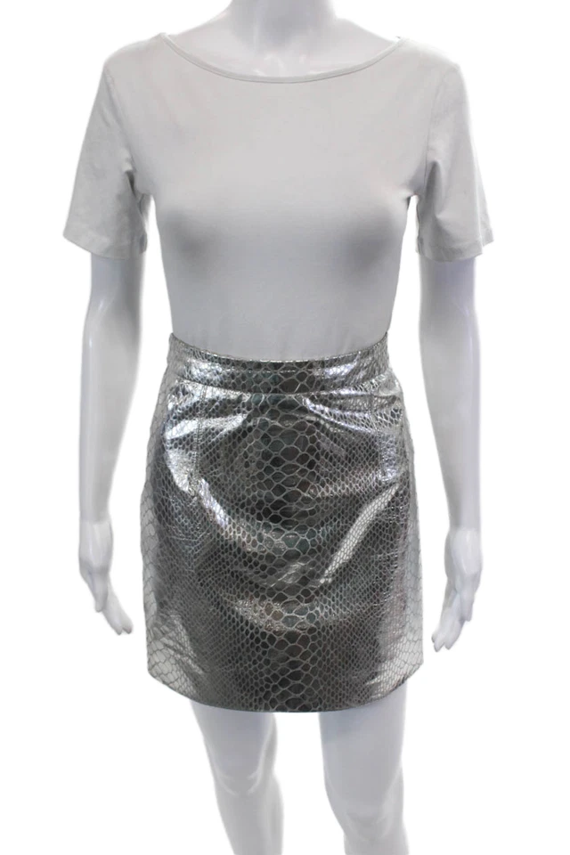 Falda plateada con estampado de piel de serpiente de imitación de cuero para mujer Milly of New York talla 4 Foto 1 de 4