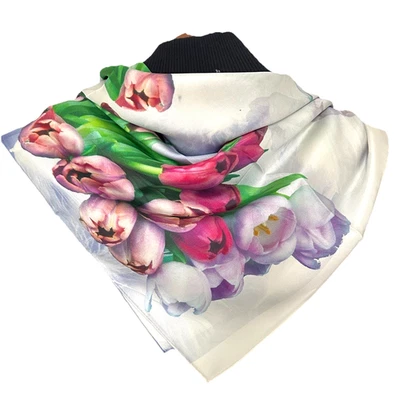 Шарф 35 x 35 дюймов с принтом тюльпанов чистая шелковица саржа шелк 19momme песок стирка 5-129 - Изображение 1 из 4
