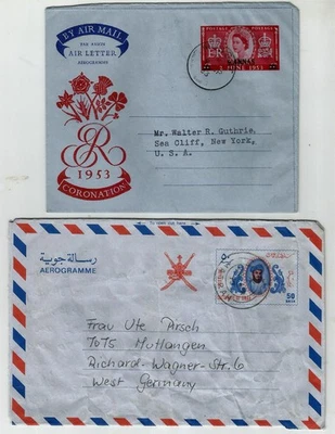 Оман 2 б/у аэрограмма 1953-1975 отправлено в США и Германию, хороший б/у аэрограмма - Изображение 1 из 2