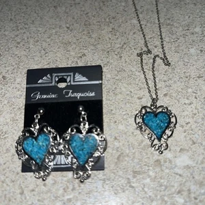 H299~ Unbranded Silver Tone Heart Earrings & Necklace Set GENUINE TURQUOISE 18" - Picture 1 of 4