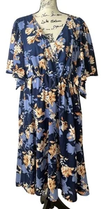 Kiyonna Florence Flatterärmel Kleid blau Blüten Glückseligkeit V-Ausschnitt Damen Gr. 3X NEU - Bild 1 von 9
