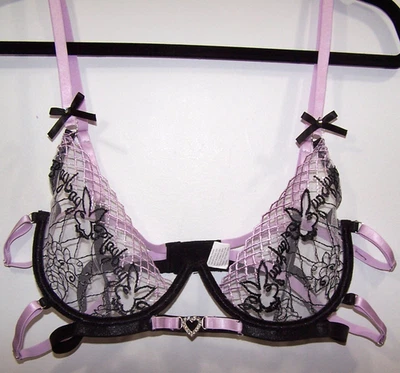 Sujetador con aros transparente con tiras con estampado de encaje y conejito púrpura y negro talla L Foto 1 de 4