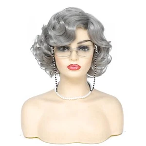 Old Lady Wig and Accessories 5 PCS Short Curly Grandma Wig Halloween Party Wig - Picture 1 of 8