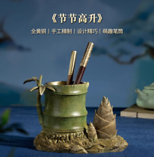 7.5" China Pure Bronze Painted Hand-carved 节节高升 Bamboo Tube Pen Holder Statue