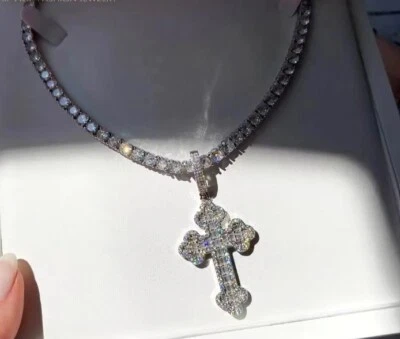 Iced Out Bling Cross Pendant 5mm Tennis Necklace CZ Religion Hip Hop Charm 18" - Image 1 of 4