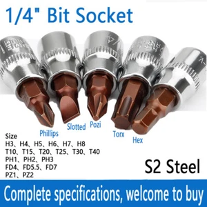 Torx Hex Phillips Slotted Pozi Bit Socket 1/4" Square Drive Socket S2 Steel CR-V - Picture 1 of 7