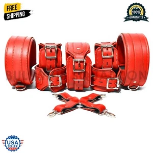 7-Piece Cowhide Leather Cuffs & Neck Collar Set - Wrist, Ankle & Thigh - Picture 1 of 9