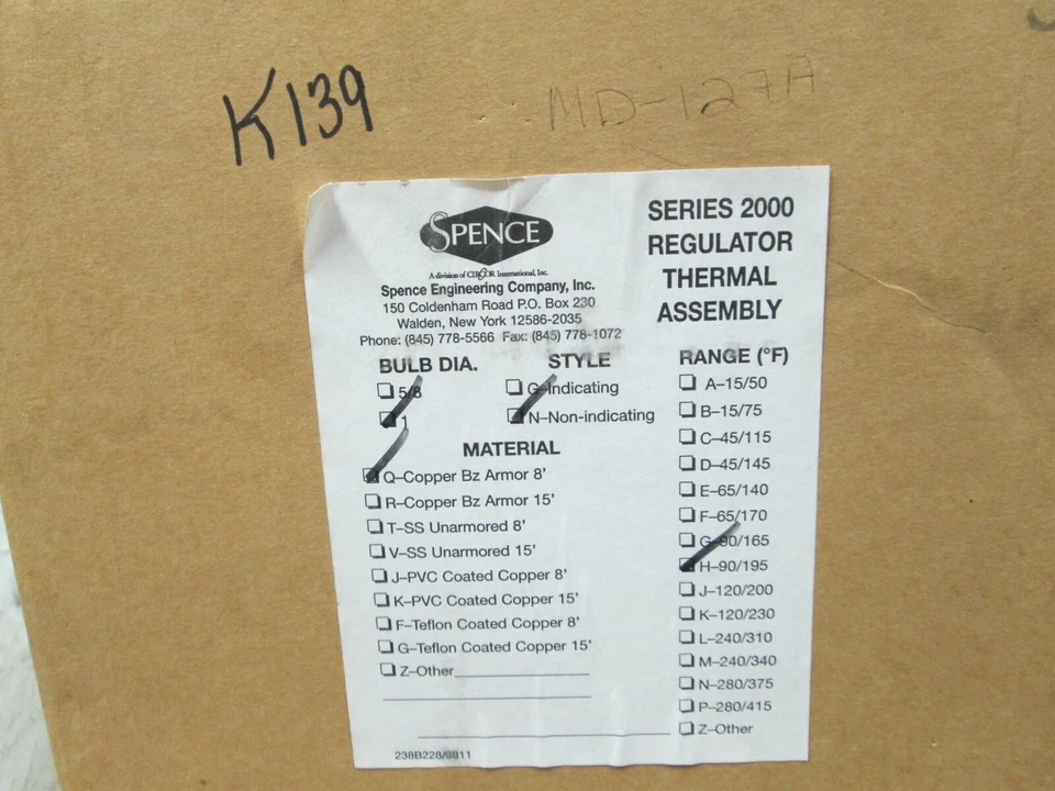 Spence Series 2000 Regulator Thermal Assembly Bulb Dia: 1" (NIB) - Image 1 of 4
