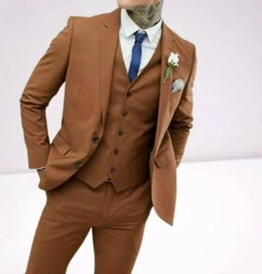 Mens Brown Suit 3 Pc Slim Fit Suit Elegant Evening Party Wear Dinner Coat Pants - Picture 1 of 6