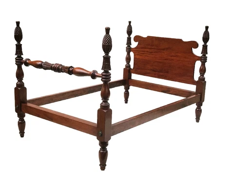 EARLY 20TH C CUSTOM MAHOGANY ANTIQUE SHERATON STYLE PINEAPPLE CARVED BED Cover