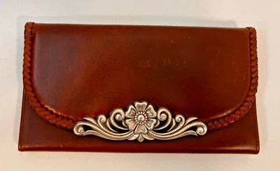 Cartera de Cuero Legin Brighton Vanderbilt Borde Trenzado Marrón Plata Pergamino De Colección Foto 1 de 4