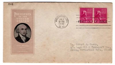 #808 Presidential Series 4c James Madison 1938 FDC - Ioor to Aruba - Image 1 of 2