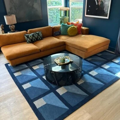 Alfombra moderna acolchada a mano jardín color azul alfombra de lana para sala de estar 9x12 pies Foto 1 de 4