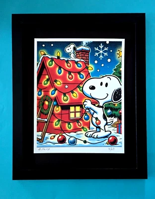 Impresión auténtica firmada a mano AIDAN FLUX 14x11 pulgadas. Navidad Snoopy enmarcada | Certificado de autenticidad Foto 1 de 4