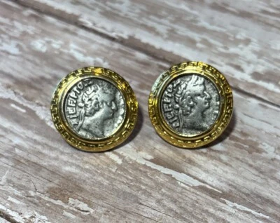 Premiere Designs Signed PD Gold Tone Roman Coin Greek Clip On Earrings - Image 1 of 3
