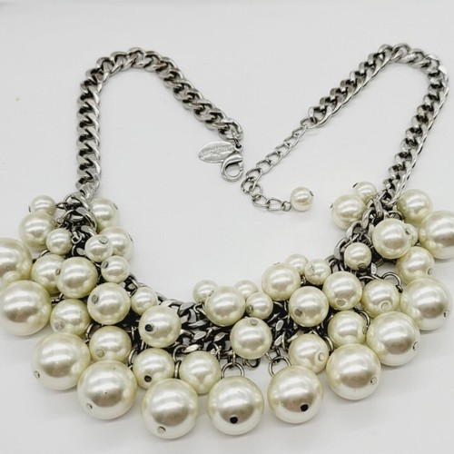 OFF WHITE Collana Grossa Casa Bianca Mercato Nero Finta Perla Tono Argento 20 in