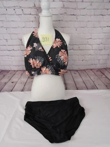 Yonique Women's Plus Size 20W Black and Floral High Waist Halter Bikini Set - Picture 1 of 5