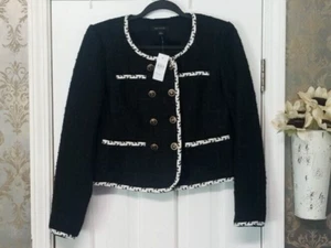 ANN TAYLOR WOMEN'S TWEED DOUBLE BREASTED JACKET BLACK WHITE SIZE 0 NWT READ! - Picture 1 of 9