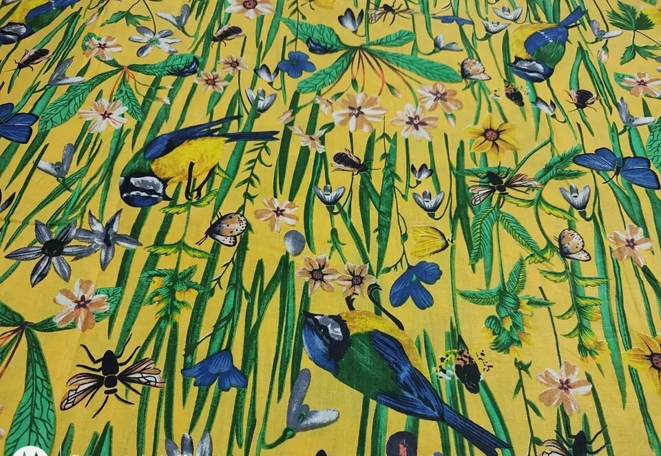 25 Yards Fabric Indian Yellow Insects Hand Printed Cotton Fabric Sewing Fabrics - Image 1 of 4