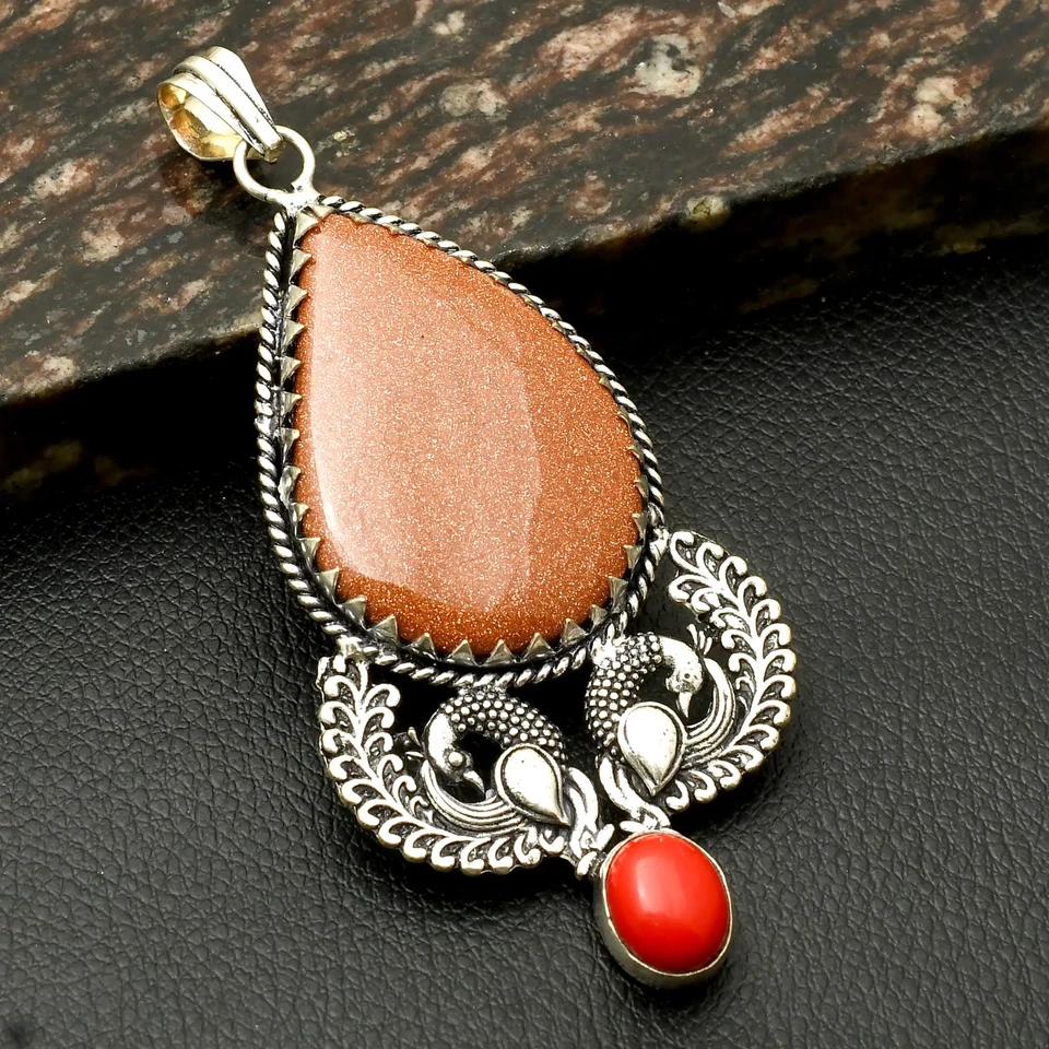 Goldstone Coral Gemstone Ethnic Handmade Bird Pendant Jewelry Gift 3.6" AP-15158 - Image 1 of 1